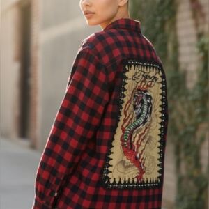 Upcycled Red & Black Flannel Shirt With ED HARDY Graphic On Back Unisex
